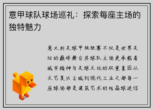意甲球队球场巡礼：探索每座主场的独特魅力
